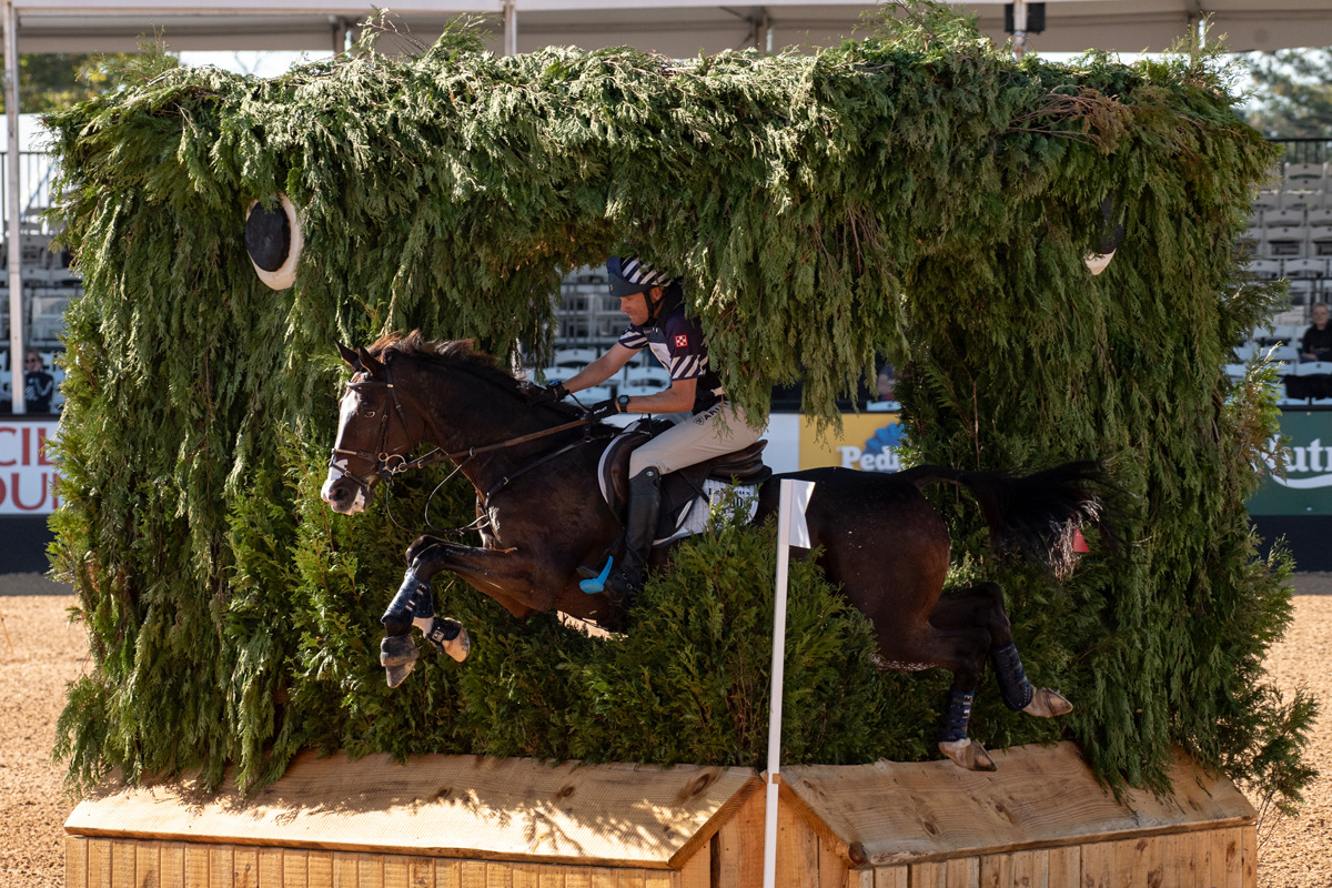Boyd Martin jumping through the Owl, an hedge obsticle that looks like the mouth of an owl