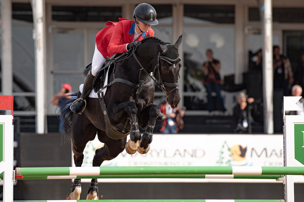 Rider and horse clearing a fence and looking towards the next obsticle