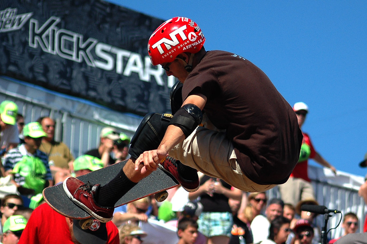 Skater flying off halfpipe